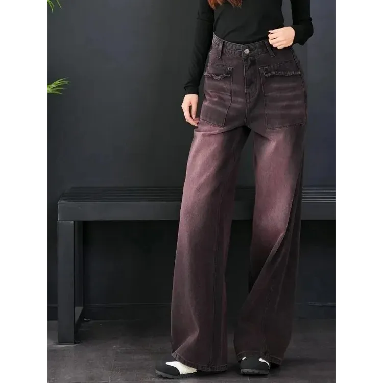 大码胖mm黑红色复古阔腿裤秋冬美式2025新款女裤窄版直筒牛仔裤女