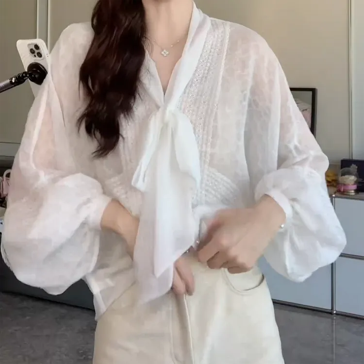 仙气美感定制蕾丝拼轻复古蝴蝶结长袖白色衬衫上衣C5951洋气时尚