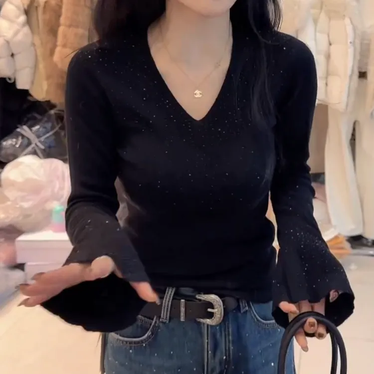 秋冬V领毛针织亮晶晶修身显瘦百搭时尚长袖针织衫LK2508969