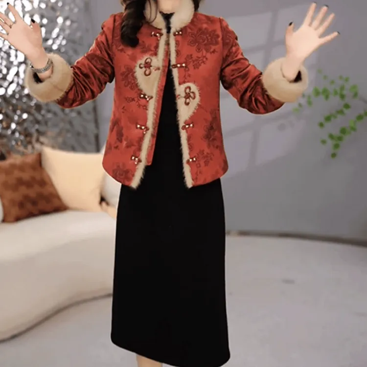 C261【外套+连衣裙】2025冬季新款时尚复古加厚新中式国风套装裙