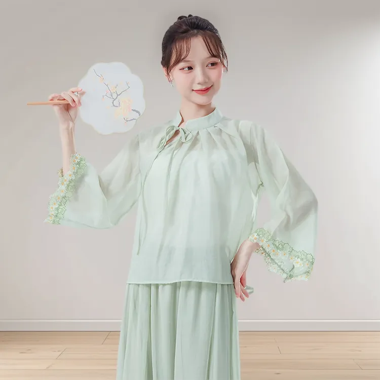新中式古典舞练功服秋季女系带显瘦繁花袖宽松立领演出舞蹈服上衣