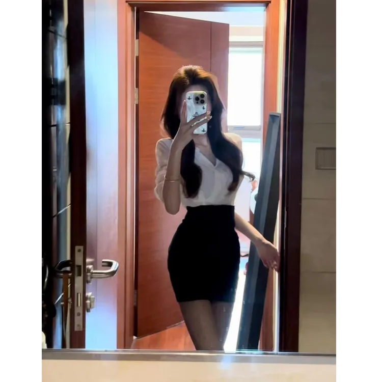 纯欲御姐职场海妖风白色衬衫女长袖修身上衣包臀短裙套装2025新款