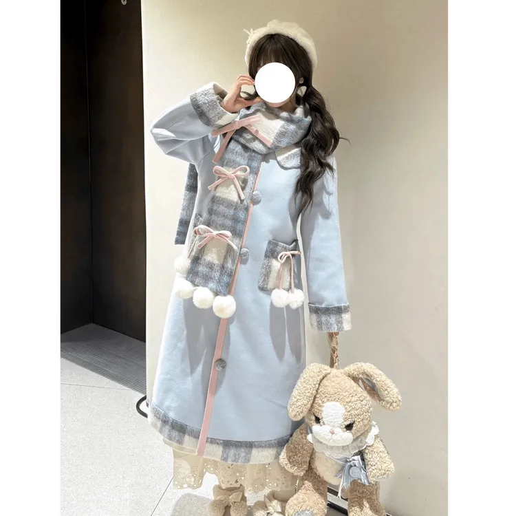 晴空信笺 秋冬新款日系甜美设计围巾蝴蝶结中长款毛呢外套两件套