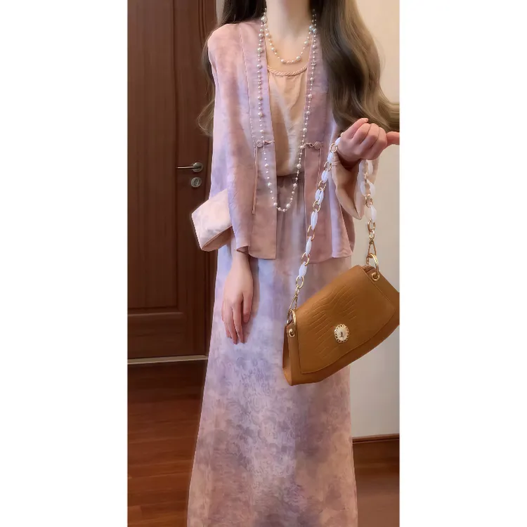 新中式国风紫藤花晕染外套&高贵气氛小衫&松紧腰半身裙套装9140