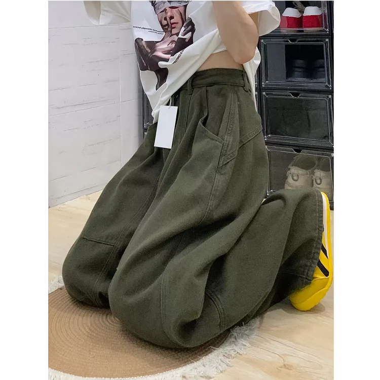 复古军绿色弯刀工装裤女秋季新款胖妹妹mm宽松显瘦设计感阔腿裤子