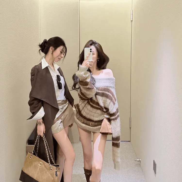 针织衫女韩系氛围感早秋穿搭条纹一字肩慵懒休闲高级感宽松毛衣