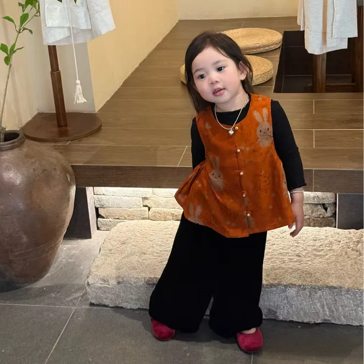 壹妈童装女童秋季中国风套装儿童复古新中式唐装马甲背心黑色裤子
