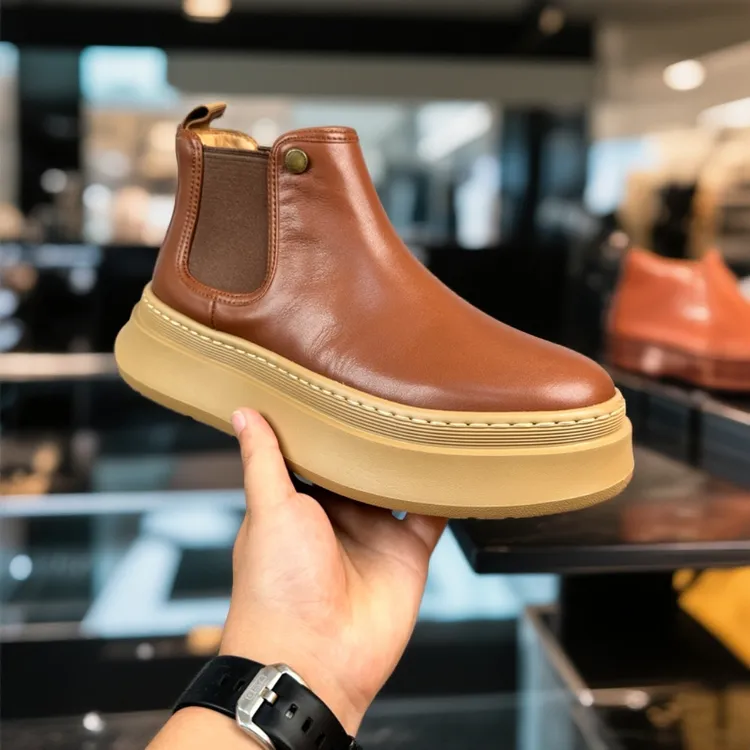 男士短款切尔西靴真皮复古英伦厚底牛皮增高防滑防水亮面马丁靴男