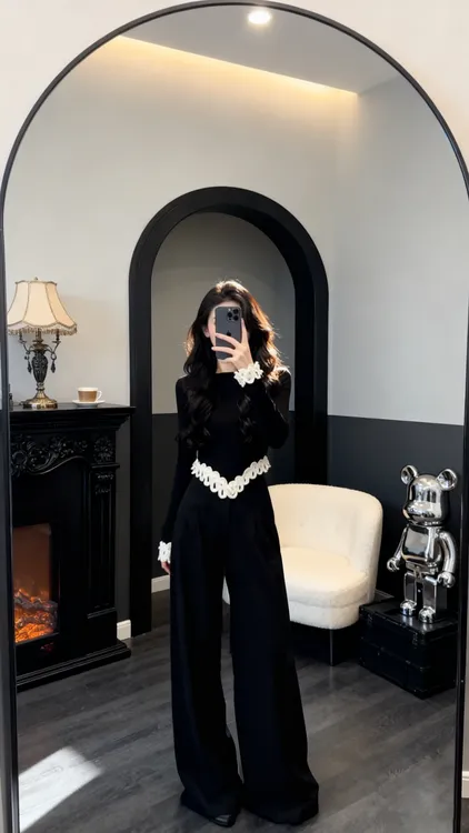 秋日ootd穿搭一整套韩系修身长袖T恤上衣女高腰阔腿裤气质两件套