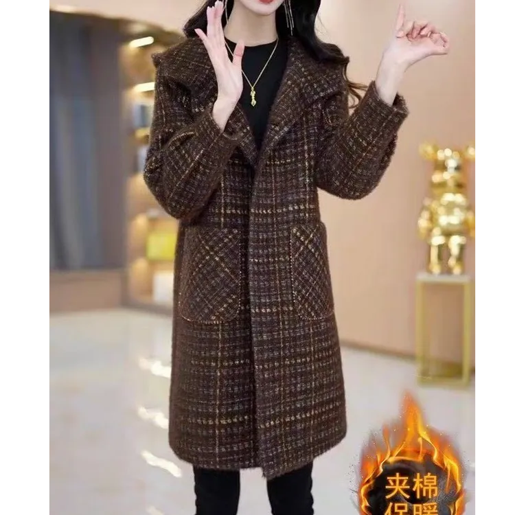加棉加厚保暖女装外套2024年新款冬季中长款连帽妈妈款呢大衣