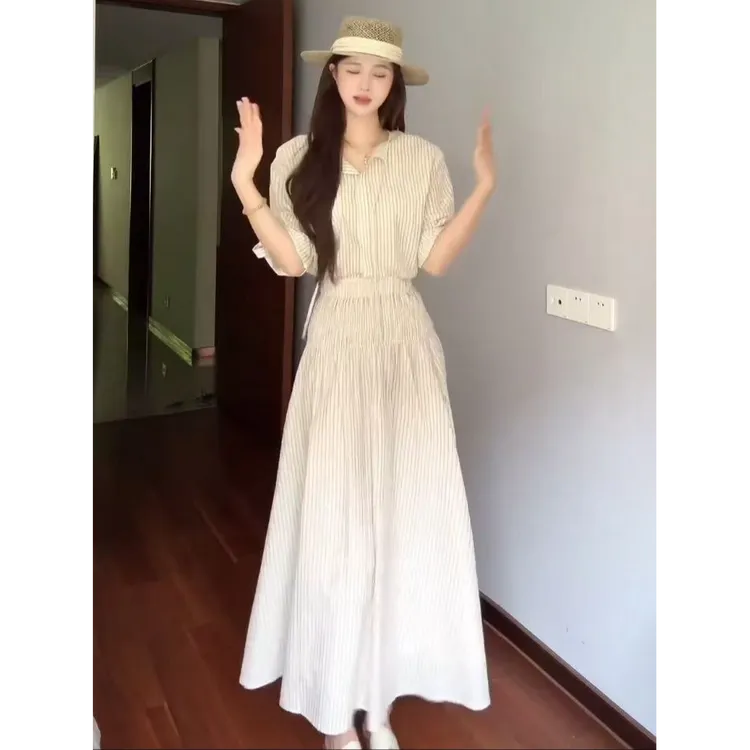 【现货】小众条纹套装韩系两件套夏季慵懒松弛宽松休闲气质衬衫长裙