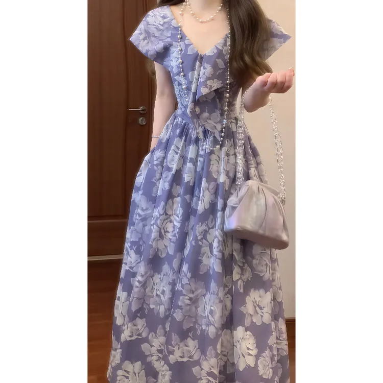 法式复古小众温柔紫色碎花领口蝴蝶结连衣裙收腰气质长裙9569