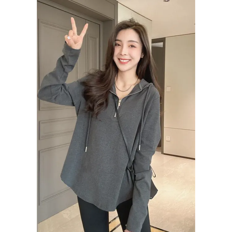 半拉链薄帽衫女2025秋冬季新款小众设计感中长款宽松百搭大码上衣