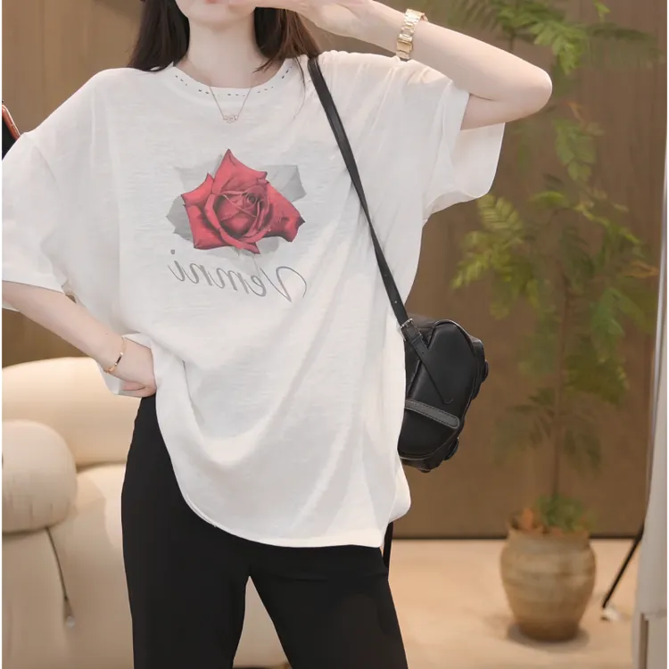 2025夏季复古风3D感小众印花宽松玫瑰花领口破洞短袖女LK2502692