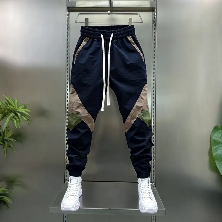潮牌冰丝拼色休闲裤男夏季薄款速干哈伦九分裤时尚百搭束脚运动裤