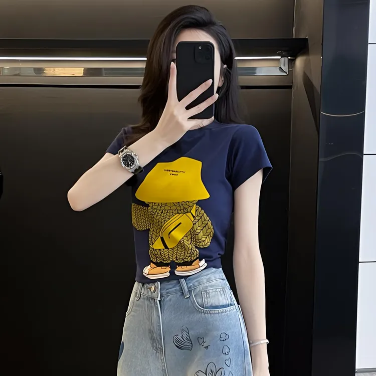 时尚复古港风夏季圆领上衣ins韩版女装修身网红小个子短款t恤显瘦