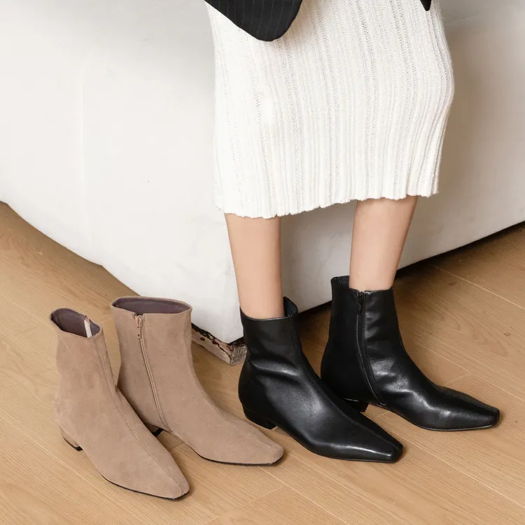 【唐唐家】法式真皮短靴女及踝靴小方头侧拉链瘦瘦靴女简约气质百搭