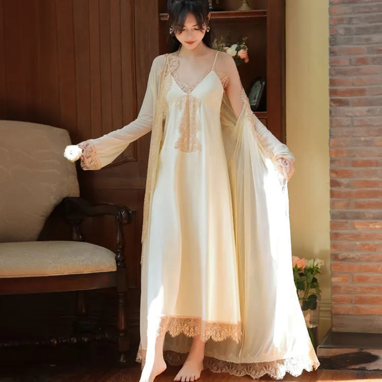 约蒂宾弗晨袍女新娘春秋季带胸垫蕾丝睡裙睡袍法式仙女宫廷风睡衣