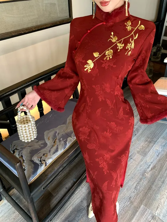 【好梦】酒红色新娘敬酒服加绒加厚提花刺绣新中式旗袍新款订婚婚宴