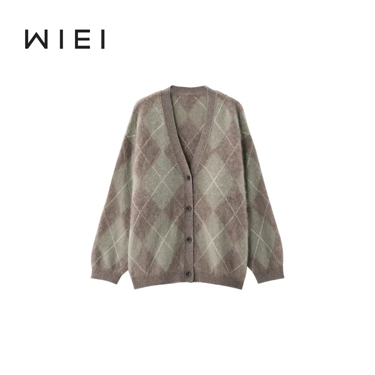《WI EI》大菱花*100%羊毛拉绒 菱格撞色针织开衫外套W25309141