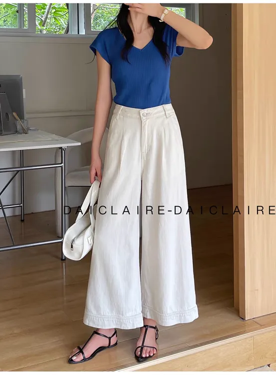 代嘉儿99361牛仔裤女春夏新款显瘦无弹白色九分阔腿甩裤