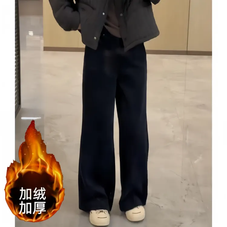 大码时尚风秋冬加绒韩系设计感长裤高级感简约洋气通勤慵懒休闲裤