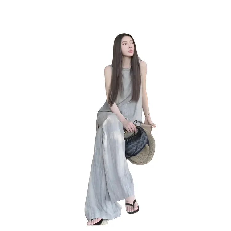 法式慵懒风高级感气质无袖上衣女夏季新款垂感阔腿长裤子两件套装