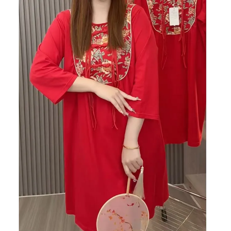 8888新年爆款国风中式遮肉显瘦连衣裙睡衣女家居服可外穿洋气减龄