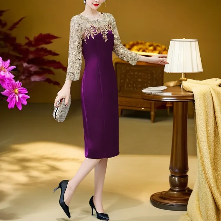 喜婆婆婚宴装亮片礼服裙2025秋季新款妈妈装重工刺绣开叉连衣裙女