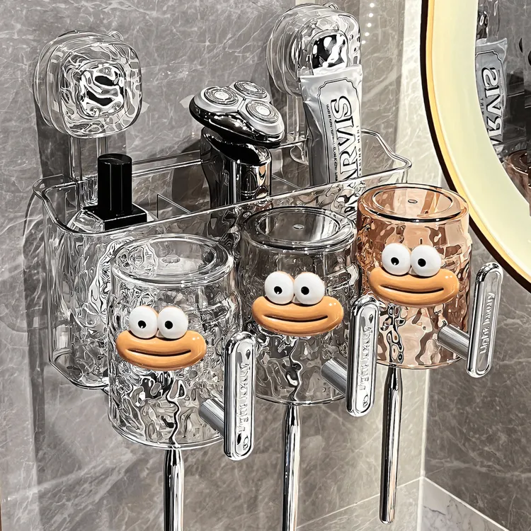 吸盘牙刷置物架免打孔卫生间带把手刷牙杯漱口杯架子壁挂式识