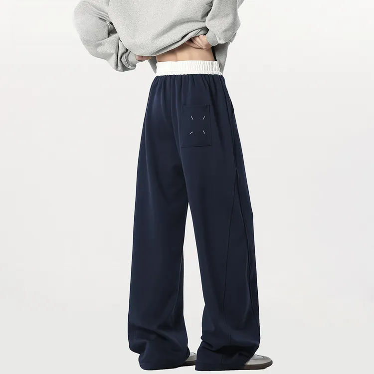 潮牌设计感撞色弯刀裤男秋美式宽松休闲阔腿裤子高街加绒直筒长裤