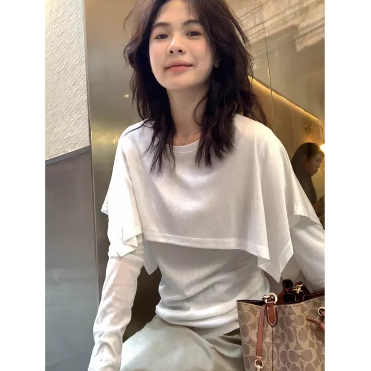 假两件披肩长袖白色T恤女春秋季设计感小众韩系打底衫时尚上衣潮
