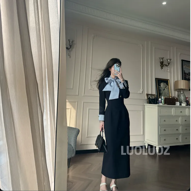 LUOLUOZ【琉璃折纸】高级感气质撞色收腰拼接长款连衣裙CC249