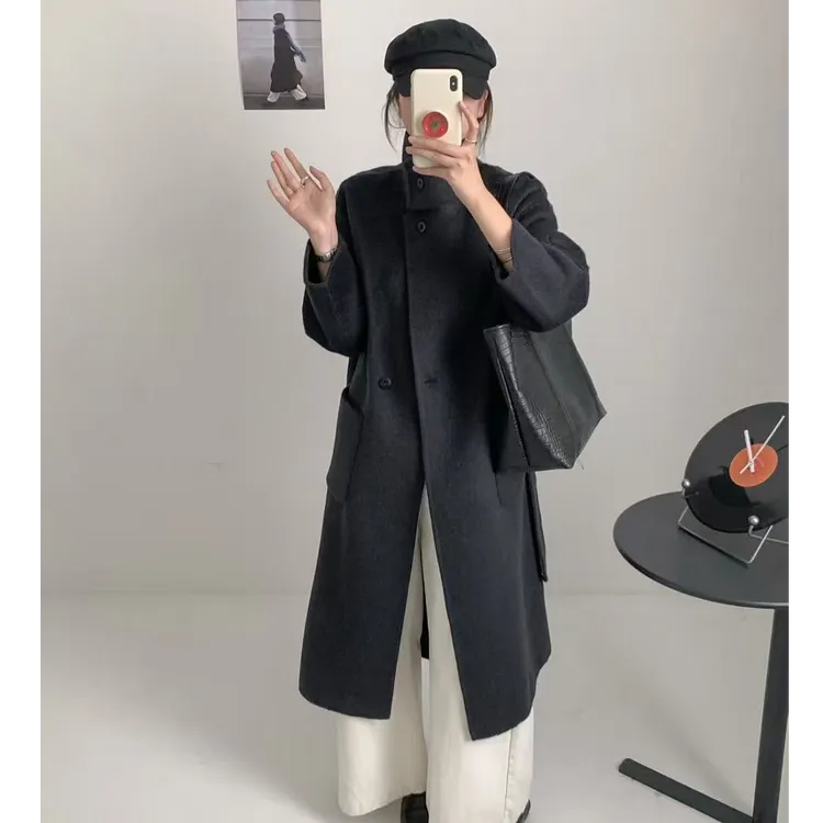 羊毛双面呢大衣女外套2025新款外套立领中长款系带百搭呢子毛呢