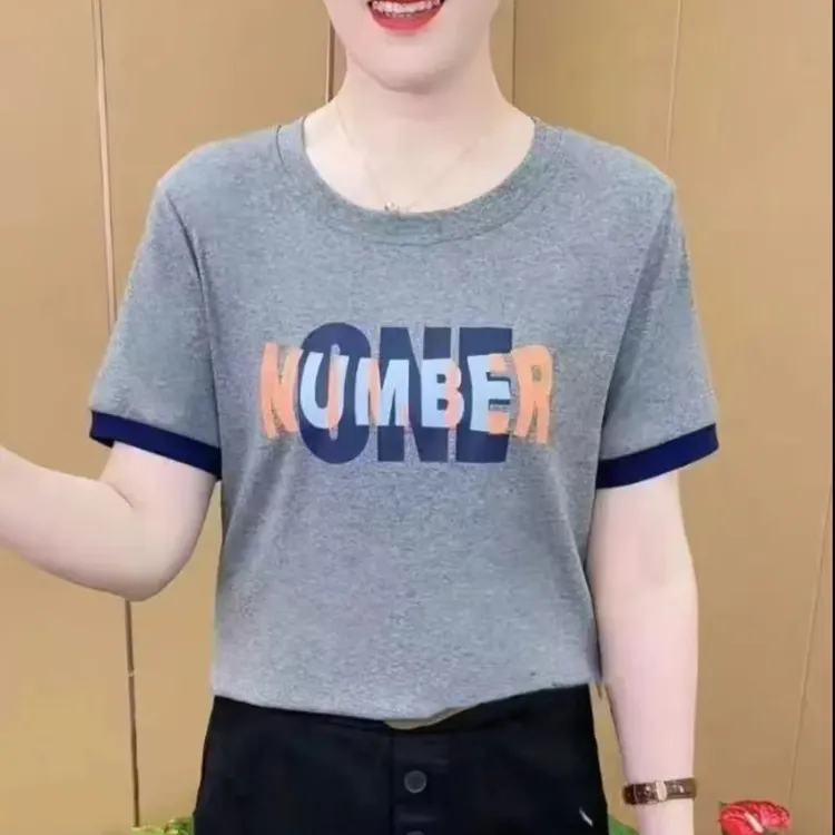 夏季新款圆领拼色短袖t恤女宽松遮肉大码印花打底衫洋气妈妈上衣