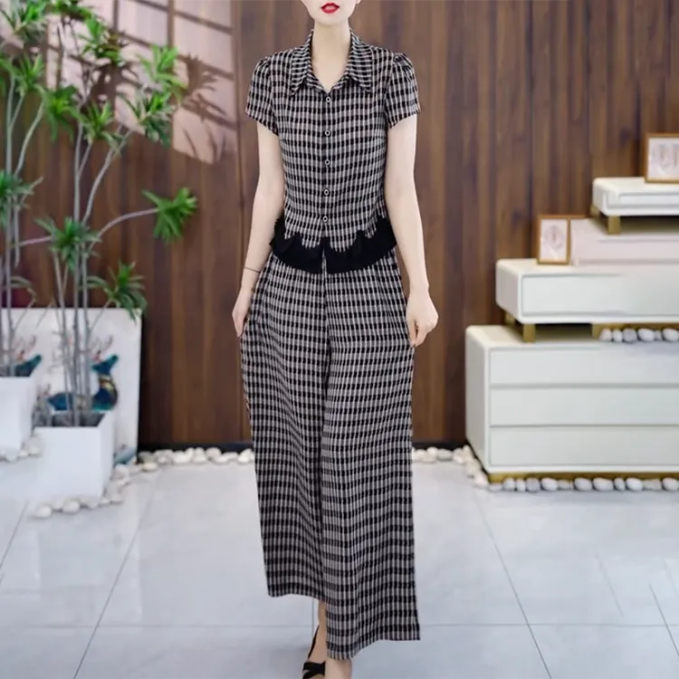 格子阔腿裤套装女夏季2025新款衬衫领显瘦小衫九分裤休闲装两件套