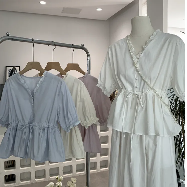 蕾丝花边V领珍珠扣纯色泡泡短袖抽绳收腰衬衫上衣显瘦夏季气质女