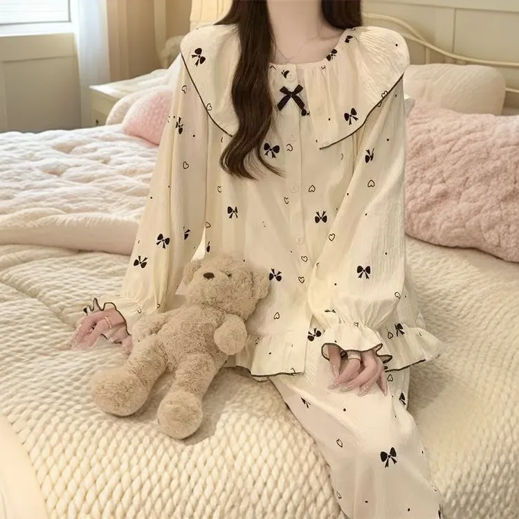 秋季少女睡衣家居服长袖长裤薄款云朵棉两件套开衫大码无胸垫套装
