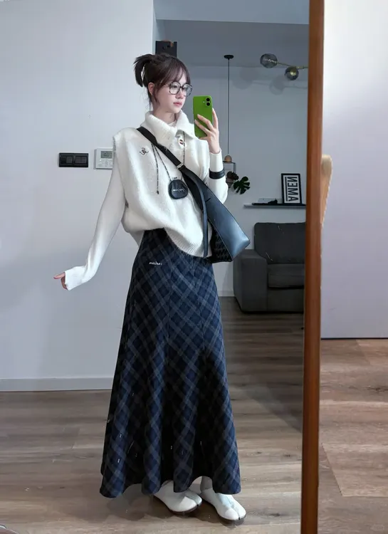 秋冬搭配一整套女韩系慵懒风打底衫高领马甲搭配半身裙气质三件套