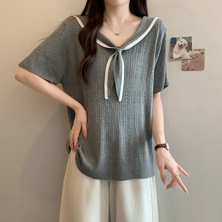 2025夏季新款大码海军领正肩冰丝短袖T恤女微胖妹妹显瘦气质上衣