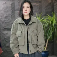 FF工装棉衣纯色秋冬多口袋手工捏折保暖棉服长袖宽松上衣女户外