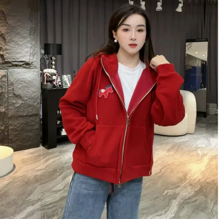 1727秋冬新款时尚【加绒】刺绣小马连帽抽绳双拉链休闲百搭减龄外套