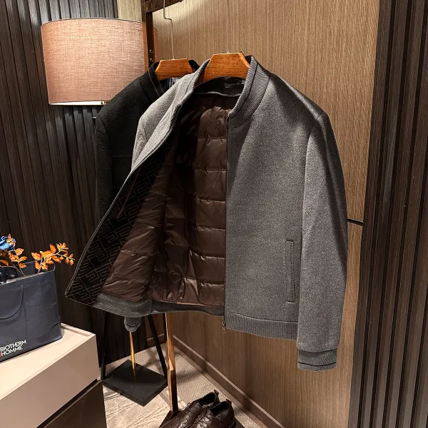 【商务休闲  可脱卸鸭绒内胆】男士高档针织领加厚保暖羊毛夹克外套