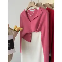 树莓粉V领长袖针织衫女秋季新款设计感修身显瘦百搭短款软糯毛衣