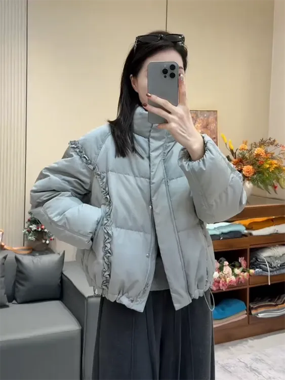 宽松时尚立领木耳边短款棉服女2025冬季新款保暖面包服外套潮