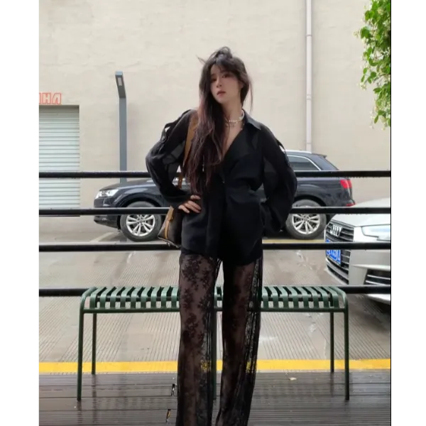辣妹廓形显瘦中长款设计感蕾丝镂空假两件提花透视直筒阔腿裤
