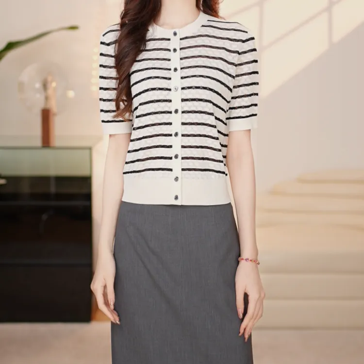 GIRDEAR/哥弟春夏新款条纹T恤极简风气质百搭舒适针织开衫148005