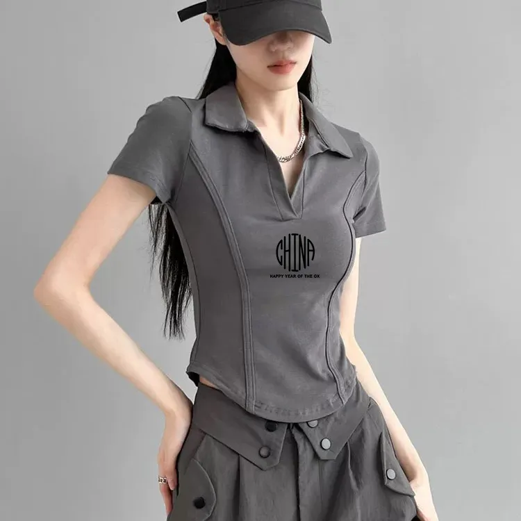 鱼骨上衣美式辣妹POLO领正肩短袖T恤女2025新款夏季收腰显瘦短款