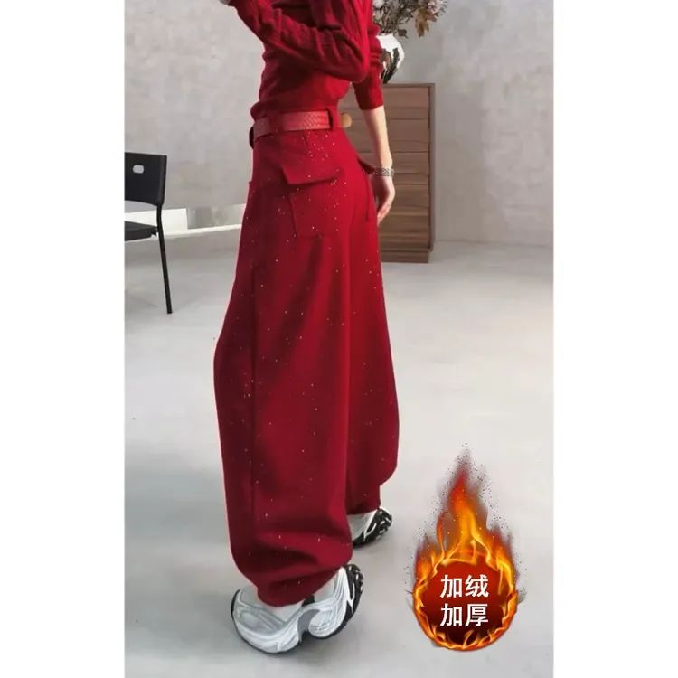 加绒红色满天星亮片休闲裤梨形身材大码高腰宽松显瘦百搭弯刀裤