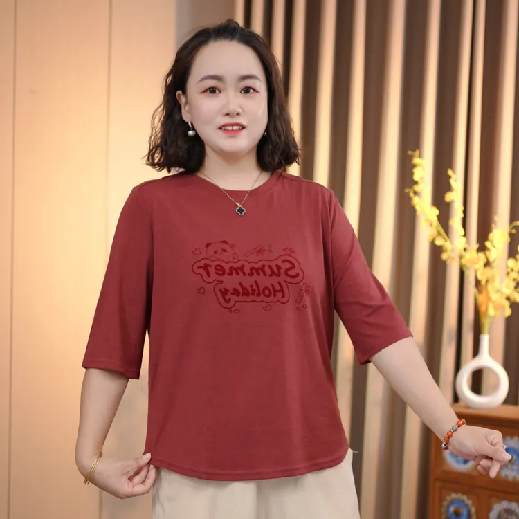 25年早秋新款小个子胖妈妈宽松遮肚子圆领中袖流光风洋气休闲小衫